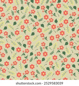 Colorful Floral Pattern with Leaves - Cute Small Flowers on Seamless Background