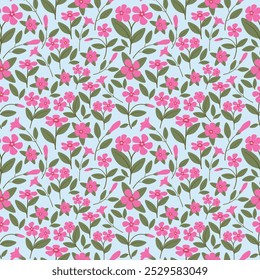 Colorful Floral Pattern with Leaves - Cute Small Madagascar Periwinkle on Seamless Background