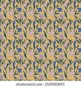 Colorful Floral Pattern with Leaves - Cute Small Iris Flowers on Seamless Background