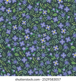 Colorful Floral Pattern with Leaves - Cute Small Periwinkle on Seamless Background