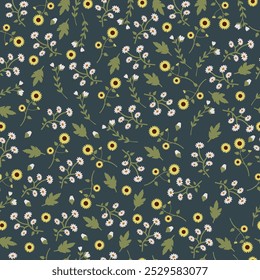 Colorful Floral Pattern with Leaves - Cute Small Sunflower And Daisy on Seamless Background