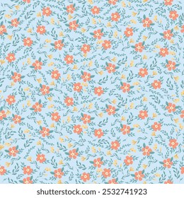 Colorful Floral Pattern with Leaves - Cute Small Flowers on Seamless Background