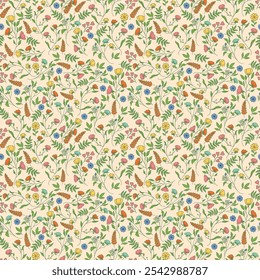 Colorful Floral Pattern with Leaves - Cute Small Flowers on Seamless Background