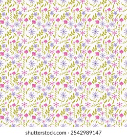 Colorful Floral Pattern with Leaves - Cute Small Flowers on Seamless Background