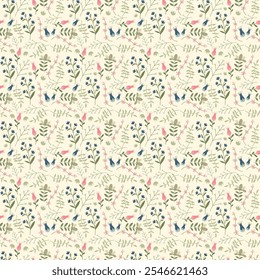 Colorful Floral Pattern with Leaves - Cute Small Flowers on Seamless Background