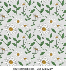 Colorful Floral Pattern with Leaves. Cute Small Daisy on Seamless Background. White Daisy Flowers Pattern