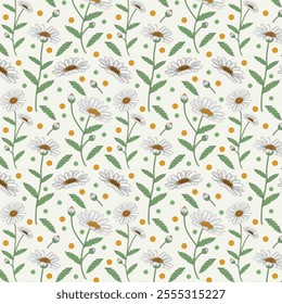 Colorful Floral Pattern with Leaves. Cute Small Daisy on Seamless Background. White Daisy Flowers Pattern
