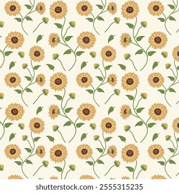 Colorful Floral Pattern with Leaves. Cute Sunflowers on Seamless Background. Yellow Sunflowers Pattern