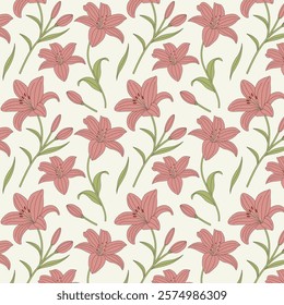 Colorful Floral Pattern with Leaves. Cute Small Lilies on Seamless Background. Lily Flower Pattern.