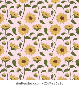 Colorful Floral Pattern with Leaves. Cute Small Flowers on Seamless Background. Sunflower Flower Pattern.