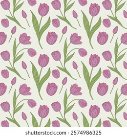 Colorful Floral Pattern with Leaves, Cute Small Flowers on Seamless Background, Tulip Flowers Pattern.