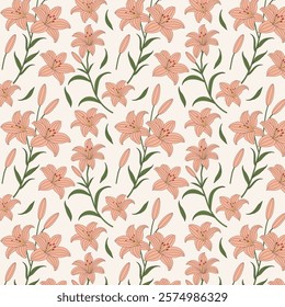 Colorful Floral Pattern with Leaves. Cute Small Lilies on Seamless Background. Lily Flower Pattern.