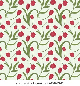 Colorful Floral Pattern with Leaves, Cute Small Flowers on Seamless Background, Tulip Flowers Pattern.