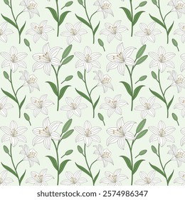 Colorful Floral Pattern with Leaves. Cute Small Lilies on Seamless Background. Lily Flower Pattern.