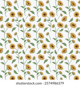 Colorful Floral Pattern with Leaves. Cute Small Flowers on Seamless Background. Sunflower Flower Pattern.