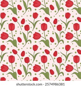 Colorful Floral Pattern with Leaves, Cute Small Flowers on Seamless Background, Tulip Flowers Pattern.