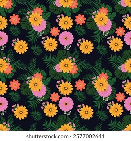 Colorful Floral Pattern with Leaves, Cute Small Flowers on Seamless Background