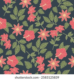 Colorful Floral Pattern with Leaves, Cute Small Flowers on Seamless Background