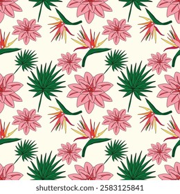 Colorful Floral Pattern with Leaves, Cute Small Flowers on Seamless Background