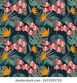 Colorful Floral Pattern with Leaves, Cute Small Flowers on Seamless Background