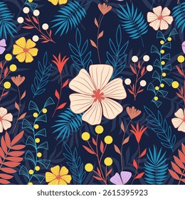 Colorful Floral Pattern with Leaves, Cute Small Flowers on Seamless Background