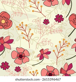 Colorful Floral Pattern with Leaves, Cute Small Flowers on Seamless Background