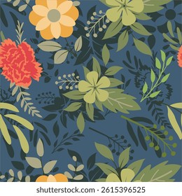 Colorful Floral Pattern with Leaves, Cute Small Flowers on Seamless Background