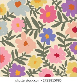 Colorful Floral Pattern with Leaves on Cream Background.