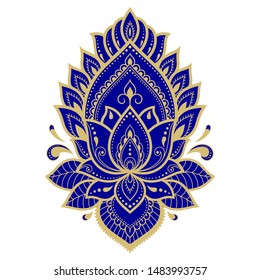 Colorful floral pattern for Mehndi and Henna drawing. Hand-draw lotus symbol. Decoration in ethnic oriental, Indian style. Blue design on white background.