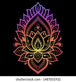 Colorful floral pattern for Mehndi and Henna drawing. Hand-draw lotus symbol. Decoration in ethnic oriental, Indian style. Rainbow design on black background.