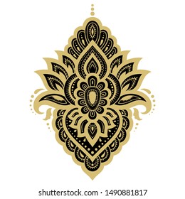 Colorful floral pattern for Mehndi and Henna drawing. Hand-draw lotus symbol. Decoration in ethnic oriental, Indian style. Green design on white background.