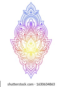 Colorful floral pattern for Mehndi and Henna drawing. Hand-draw lotus symbol. Decoration in ethnic oriental, Indian style. Rainbow design on black background.