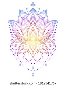 Colorful floral pattern for Mehndi and Henna drawing. Hand-draw lotus flower symbol. Decoration in ethnic oriental, Indian style. Rainbow design on white background. Outline vector illustration.