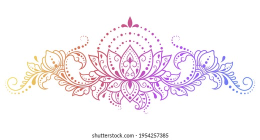 Colorful floral pattern for Mehndi and Henna drawing. Hand-draw lotus flower symbol. Decoration in ethnic oriental, Indian style. Rainbow design on white background. Outline vector illustration.