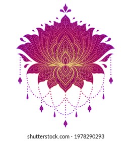 Colorful floral pattern for Mehndi and Henna drawing. Hand-draw lotus flower symbol. Decoration in ethnic oriental, Indian style. Red design on white background. Outline vector illustration.