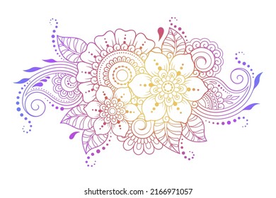 Colorful floral pattern for Mehndi and Henna drawing. Hand-draw lotus flower symbol. Decoration in ethnic oriental, Indian style. Rainbow design on white background. Outline vector illustration.