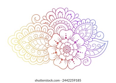 Colorful floral pattern for Mehndi and Henna drawing. Hand-draw lotus flower symbol. Decoration in ethnic oriental, Indian style. Rainbow design on white background. Outline vector illustration.