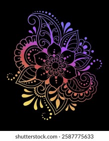 Colorful floral pattern for Mehndi and Henna drawing. Hand-draw lotus flower symbol. Decoration in ethnic oriental, Indian style. Rainbow design on white background. Outline vector illustration.