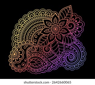 Padrão floral colorido para desenho de Mehndi e Henna. Símbolo de flor de lótus desenhado à mão. Decoração em estilo étnico oriental, indiano. Design em arco-íris sobre fundo preto. Ilustração do vetor de contorno.