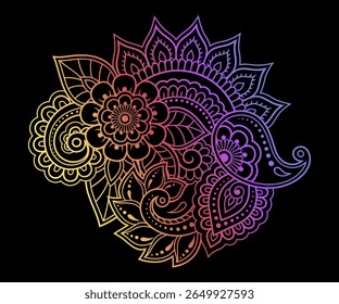 Colorful floral pattern for Mehndi and Henna drawing. Hand-draw lotus flower symbol. Decoration in ethnic oriental, Indian style. Rainbow design on black background. Outline vector illustration.