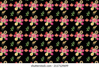A colorful floral pattern on a black background—design suitable for ladies garments such as sarees, kurtis, dupattas, stoles, shawls, skirts, stoles, scarves, frocks, gowns, maxi.