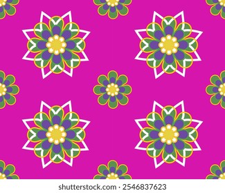 Colorful floral pattern on vibrant pink background, featuring intricate designs and shapes that evoke sense of joy and creativity.