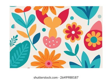 Patrón floral colorido con naranja rojo rosa azulado hojas de flores en una crema sin fisuras