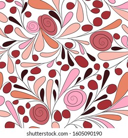 Colorful floral pattern. Pink, red, orange and brown flowers and berries on the white background. Vector seamless pattern.