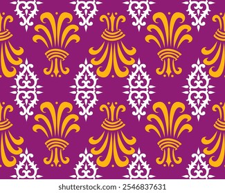 Colorful floral pattern with purple background and yellow accents. Ideal for textiles and wallpapers.