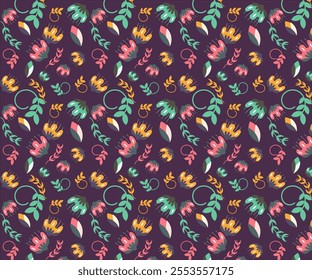A colorful floral pattern with a purple background. The flowers are in various colors and sizes, and the leaves are also colorful. Scene is cheerful and vibrant