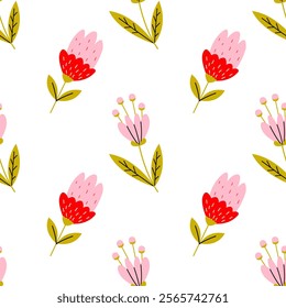 Colorful floral pattern with red and pink flowers on white background for textile design