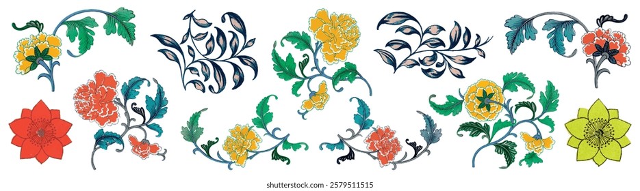 Colorful floral pattern with red, yellow, and blue flowers. Decorative floral design features intricate leaves and petals. Vibrant floral art with bold colors. Decorative illustrations, vector set.