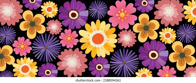 Patrón floral colorido que se repite en el fondo oscuro. Ilustración dibujada por mano