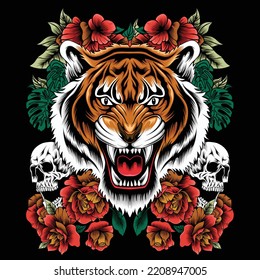colorful floral pattern with roses, tiger and skull. Vector traditional folk fashion ornament on black background.
